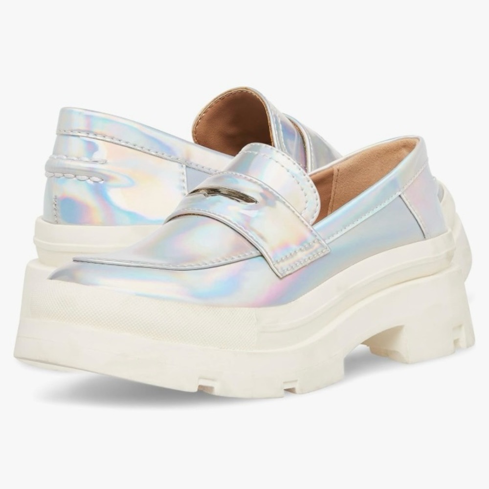 Silver and White Chunky Platform Loafers